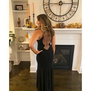 THEIA Women's Black Matte Mesh Cut Out Back Fitted Gown Maxi Dress Size 4